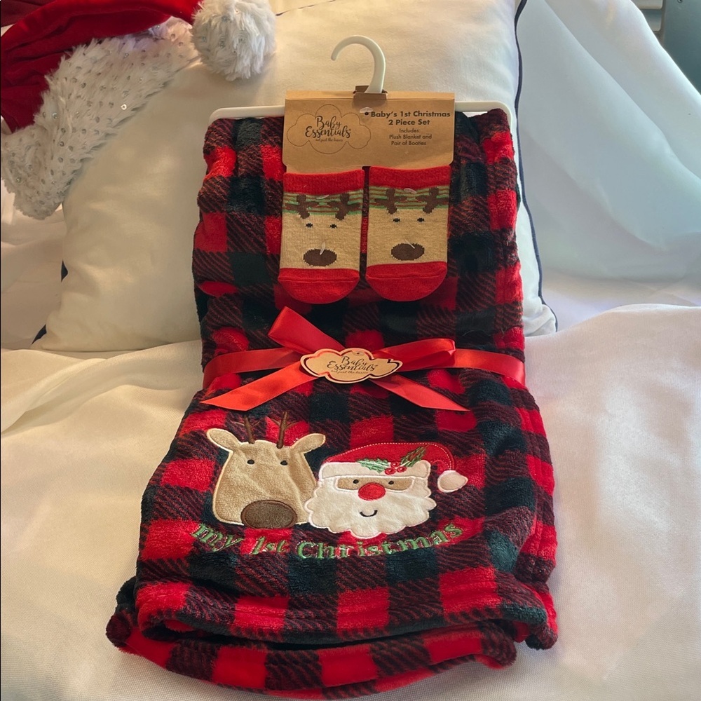 Baby Essentials Red and Black Plaid Blanket with Socks